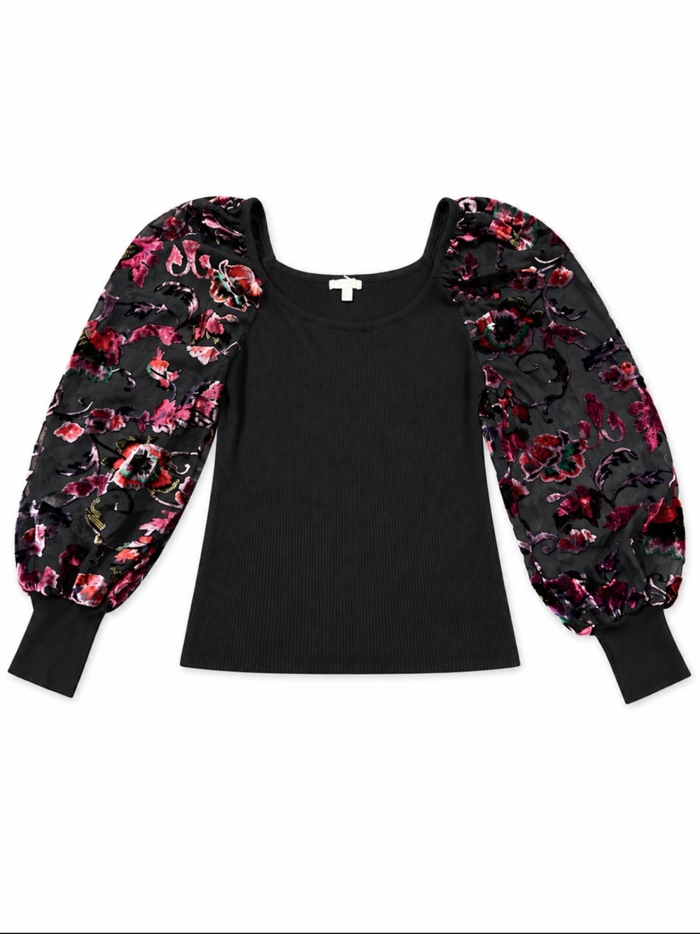 Cato Black Ribbed Top with Pink Floral Velvet Puff Sleeves XL Date Night Top